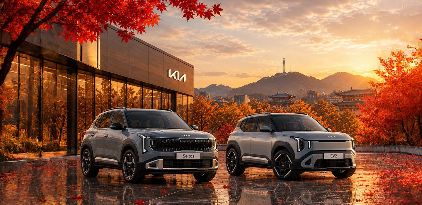 Kia Seltos și Kia EV2 în fața unui showroom Kia, toamna, cu un oraș coreean în fundal
